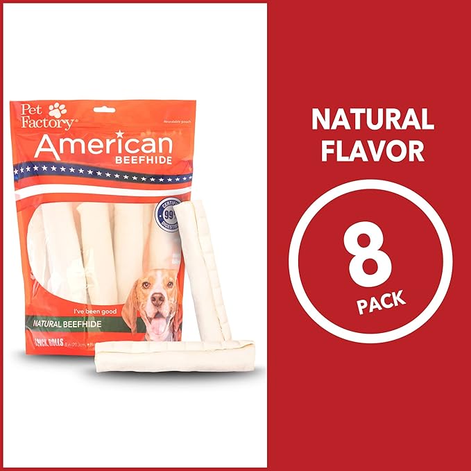 Pet Factory American Beefhide 8-9" Rolls Dog Chew Treats - Natural Flavor, 8 Count/1 Pack