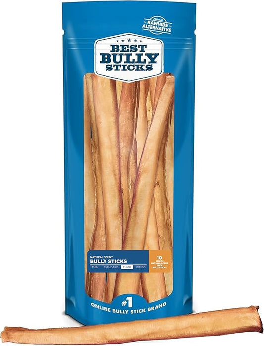 Best Bully Sticks All Natural 12 Inch Thick Bully Sticks for Large Dogs - 100% Free-Range Grass-Fed Beef - Single-Ingredient Grain & Rawhide Free Dog Chews - 10 Pack