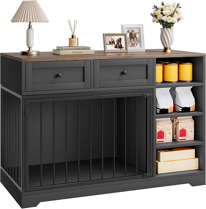 Dog Crate Furniture 47”, Large Dog Crate TV Stand with 2 Drawers and 4 Shelves, Wooden Dog Kennel Indoor, Decorative Dog Cage with Storage for Large Dogs, Black