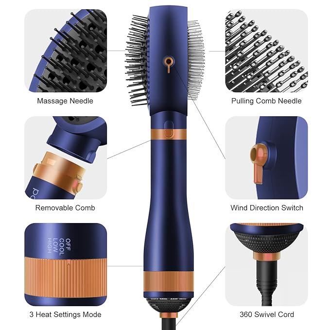 Dual Sided Hair Dryer for Dogs and Cats, Massage Blower with Metal and Nylon Brush, Grooming Comb with Flexible Soft Bristles for Medium to Large Pets (Prussian Blue)