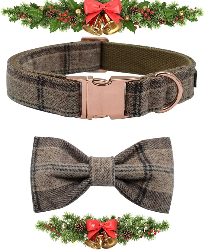 MACA Bates Dog Brown Woolen Collar with Nylon- Warm and Soft Bows Dog Collar for Large Medium Small Dogs, Adjustable Dog Collar with Metal Buckle for Boy and Girl in Winter, XS Puppy Collar