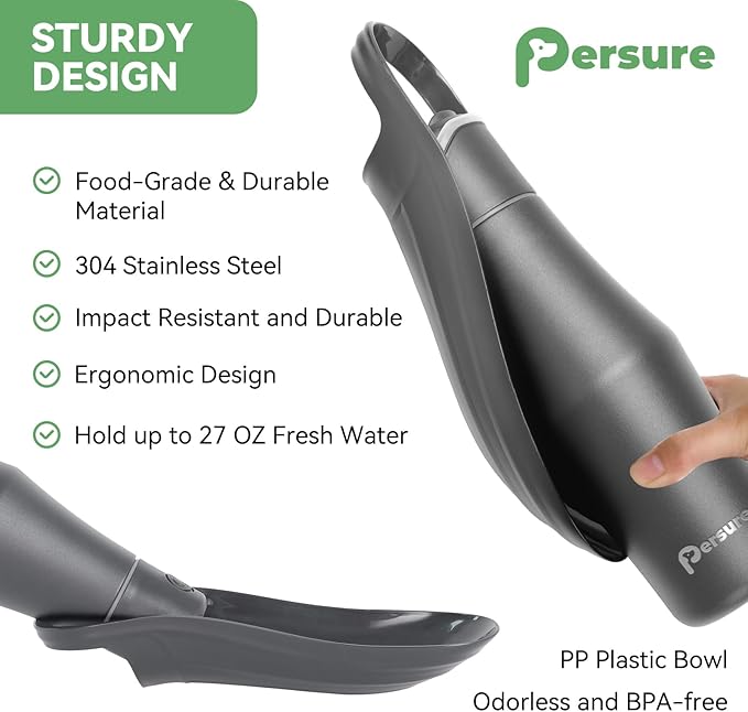 27 OZ Dog Water Bottle Portable Stainless Steel Convenient Pet Water Dispenser, Leak Proof Puppy Travel Water Bowl for Dog Outdoor Walking, Hiking, Perfect Size for All Dog Breeds, Whole Grey