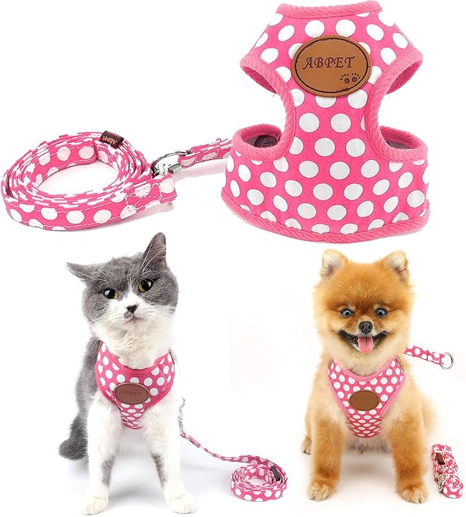 SMALLLEE_LUCKY_STORE New Soft Mesh Nylon Vest Polka Dot Pet Cat Small Medium Dog Harness Dog Leash Set Leads Pink M