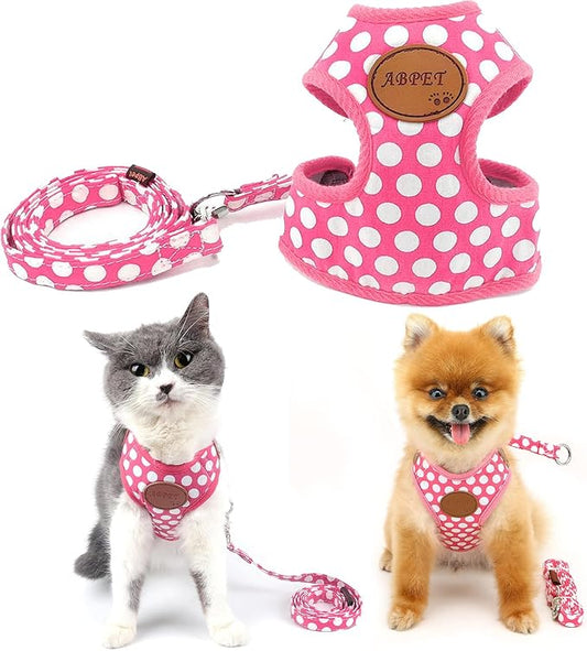 SMALLLEE_LUCKY_STORE New Soft Mesh Nylon Vest Polka Dot Pet Cat Small Medium Dog Harness Dog Leash Set Leads Pink M