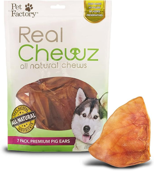 Pet Factory Real Chewz Premium Pig Ears Dog Chew Treats, 100% All-Natural - 7 Count/1 Pack
