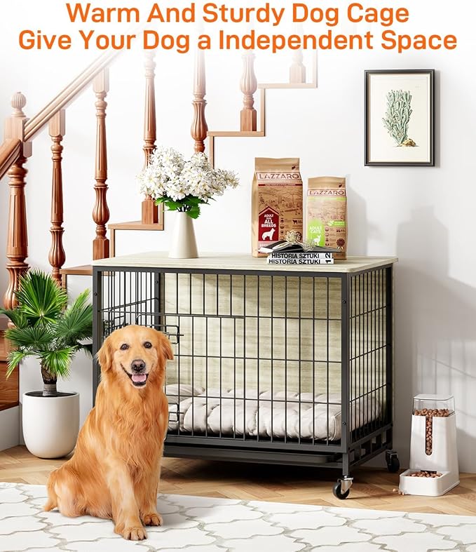 Dog Crate Furniture, 32.5" Wooden Dog Kennel Indoor, Double Doors Dog Cage with Removable Tray, Wheels, Large Dog Crate End Table for Medium/Large Dogs, Grey