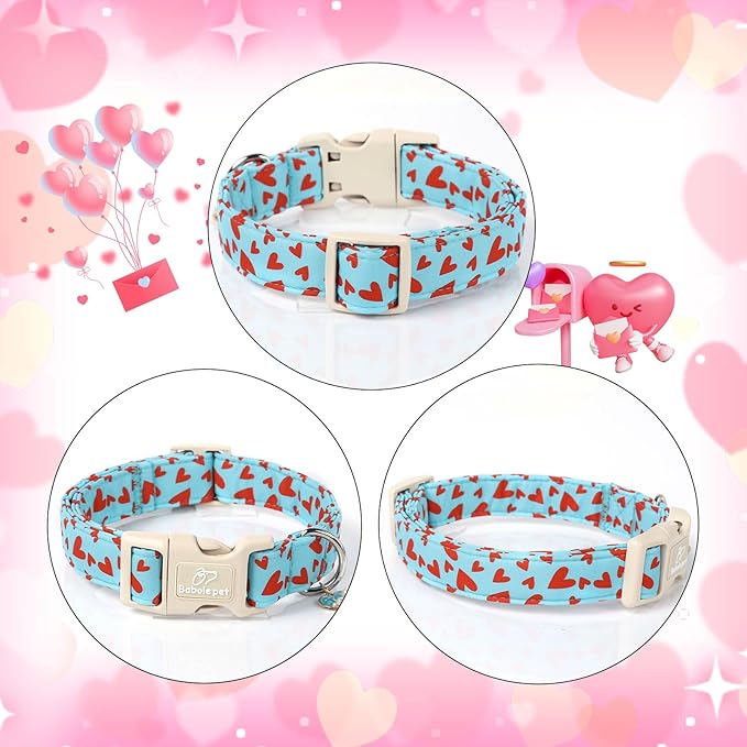 Valentine's Day Dog Collar - Cute Blue Valentines Dog Collar Girl Boy Durable Adjustable Red Heart Pattern Charm Dog Collars for Small Medium Large Dogs M