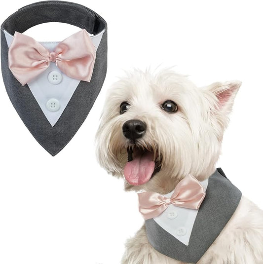 FUAMEY Tuxedo Dog Collar with Bow Tie - Formal Wedding Bandana for Small to Large Pets, Grey