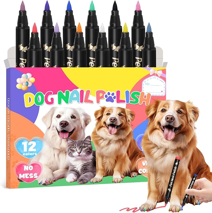 MSDADA 12-Color Quick-Dry Dog Nail Polish Kit Safe Polish Pens for Puppy Nail Art & Paw Care Easy-Apply, Odorless Formula for Dogs & Cats, for Pet Lovers
