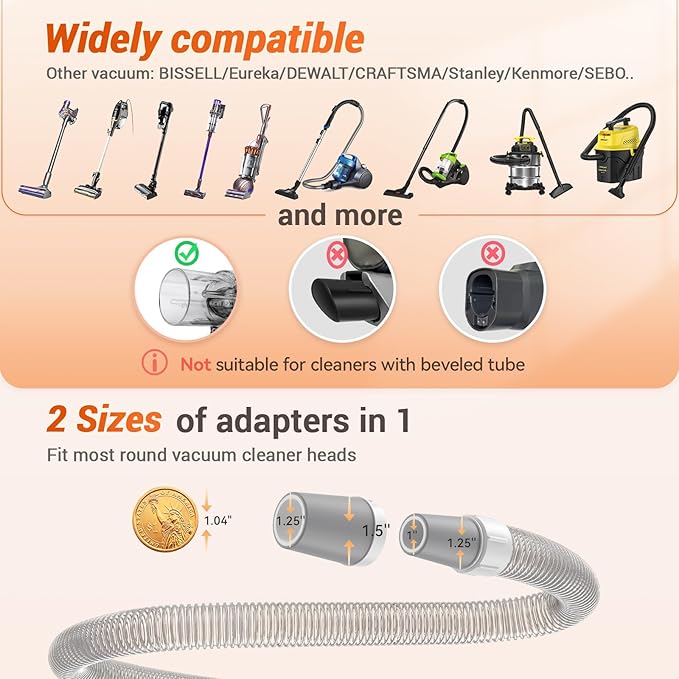 Afloia Innovative Pet Grooming Kit: Dog Brush Vacuum Attachment, Cat Brush with 1-1.5" Hoses Diameter Universal Adapter, Compatible with Most Round Vacuum Cleaners like Bissell, Eureka etc., Orange