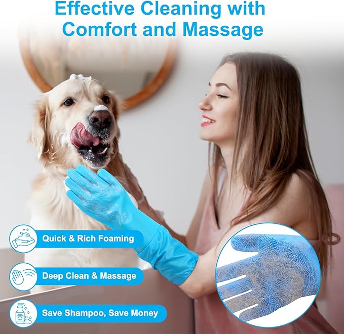 6PCS Pet Grooming Set - Lengthen Dog Washing Gloves, Dog Bath Brush, Dog Toothbrush Finger, Dog Shampoo Brush, Silicone Pet Bathing Gloves for Gentle Cleaning, Massaging, Shedding (Blue Grooming Set)