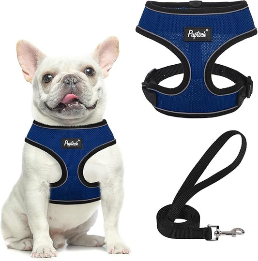 PUPTECK Soft Mesh Dog Harness and Leash Set Pet Puppy Cat Comfort Padded Vest No Pull Harnesses, Solid NavyBlue, S