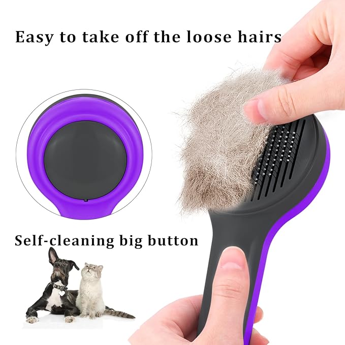 Cat Slicker Brush, Self-Cleaning Brush for Indoor Cats Grooming Brushes for Dogs Short Long Hair Cats Shedding Easy Remove Kittens Cats Loose Undercoat (Purple)