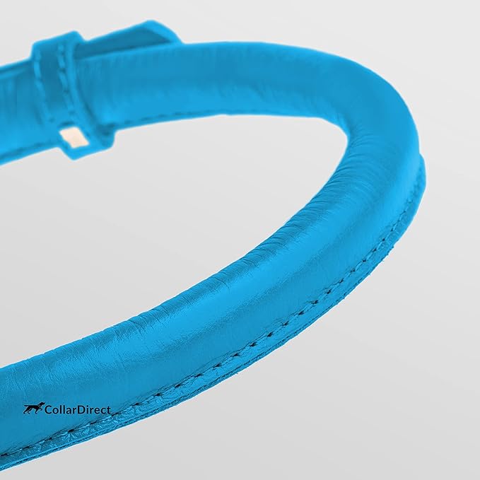 CollarDirect Rolled Leather Dog Collar, Soft Padded Round Puppy Collar, Handmade Genuine Leather Collar Dog Small Large Cat Collars 13 Colors (16-20 Inch, Blue Textured)'