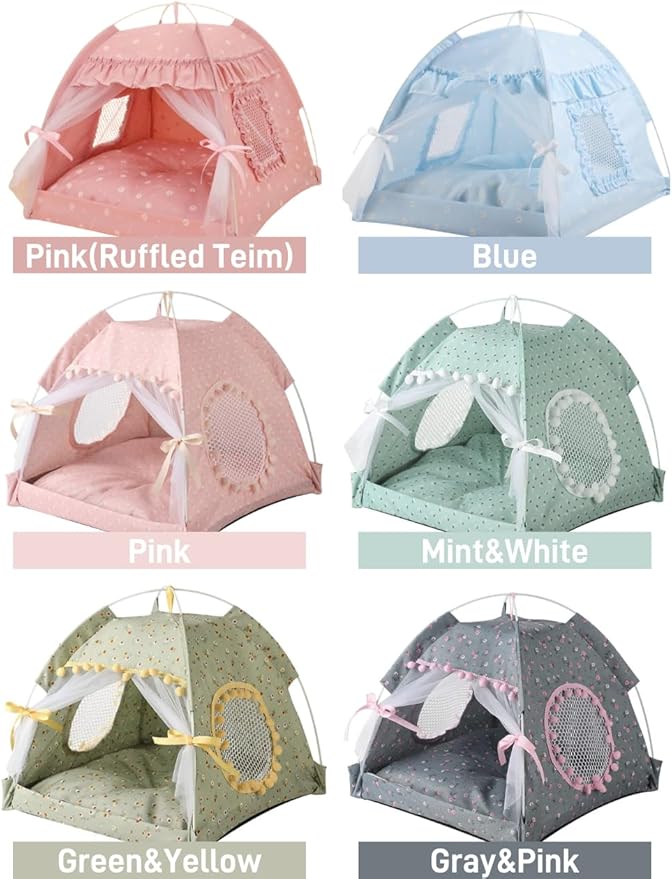 Cat Bed Tents Dog House Indoor Outdoor Lace Mesh Breathable Windows Door Curtains Removable Portable Nest Teepe House (Large,Mint&White)