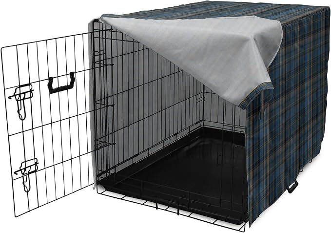 Lunarable Plaid Dog Crate Cover, Striped Geometric British Pattern Modern Design Elements in Patel Colors, Easy to Use Pet Kennel Cover for Medium Large Dogs, 48 Inch, Azure Blue and Marigold