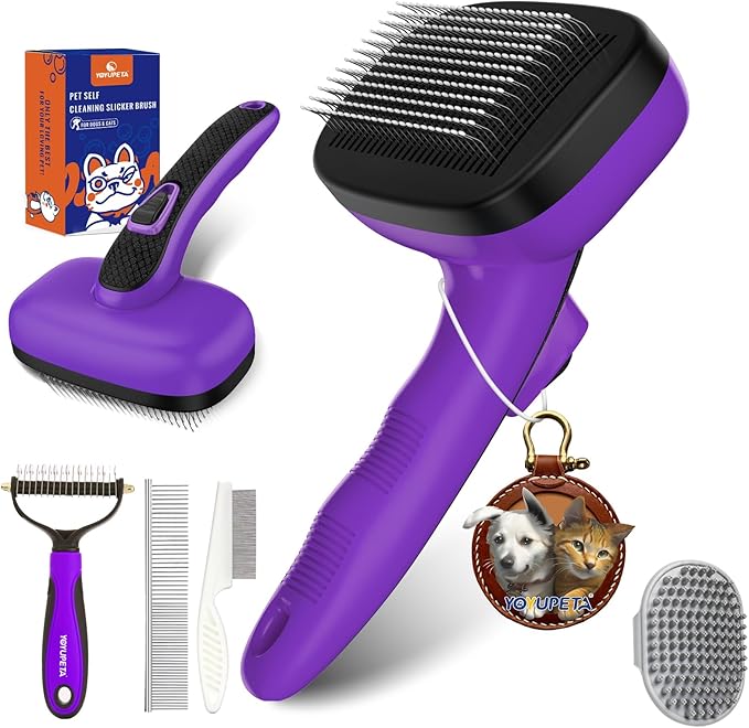 5 PCS Dog Grooming Brush Kit – Self Cleaning Slicker Brush for Shedding Short & Long Haired Dogs & Cats. Removes Loose Fur, Undercoat, Mats, Tangles for Small, Medium & Large Pets. Purple