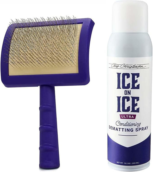 Chris Christensen Jelly Pet Slicker Brush Conditioning Spray Grooming Bundle - Universal Slicker Brush, Soft Pins, Large, Purple - Ice on Ice Ultra Conditioning Dematting Spray,Made in USA, 13.2oz