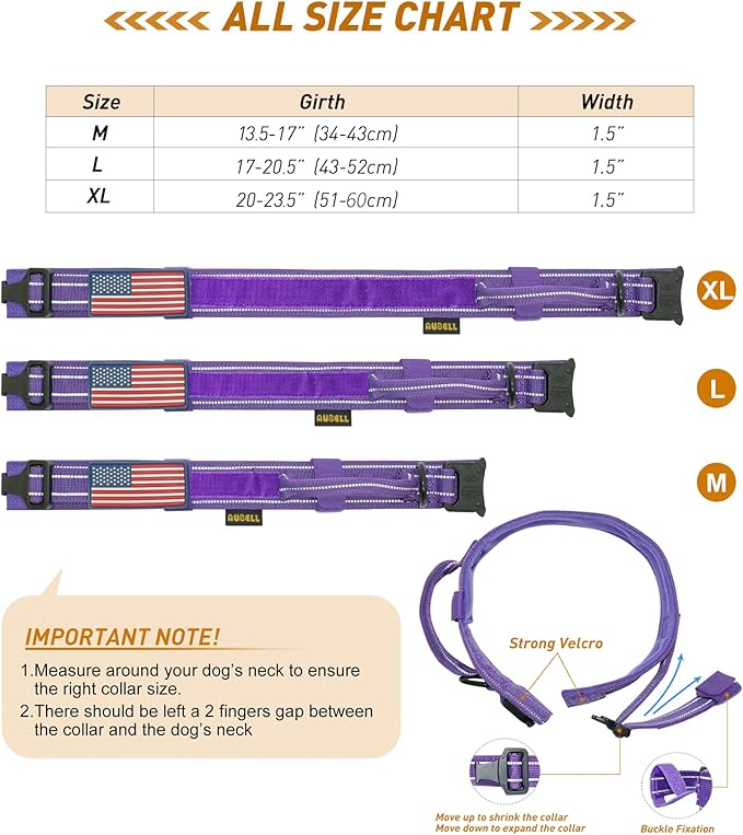 AUBELL Reflective Dog Collar, Tactical Dog Collar for Medium Dogs, Heavy Duty Dog Collar with Handle and Metal Buckle Great for Female Dogs, with Airtag Holder and 2 Patches(Purple, M)
