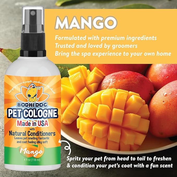 Bodhi Dog Natural Dog Cologne (Mango) - Premium Scented Deodorizing Pet Perfume with Conditioner for Dogs & Cats - Keeps Pets Fresh & Clean - Gentle and Safe Formula, Made in USA (4 Fl Oz)