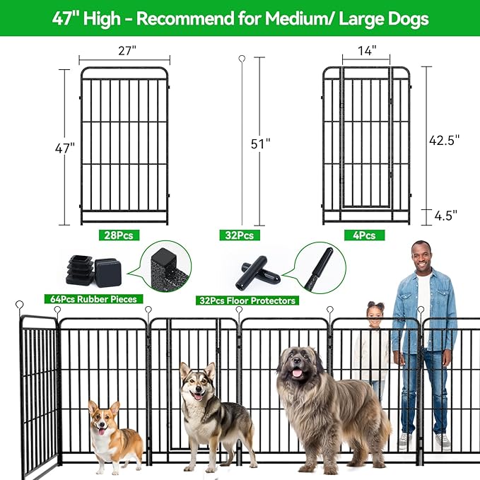Dog Playpen Outdoor 32 Panels Heavy Duty Dog Fence 47" Height with Thick Pipe Anti-Rust with Doors Portable for RV Camping Yard, Total 72FT, 412 Sq.ft, Snowy Black