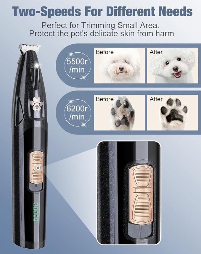 Dog Paw Trimmer with LED Display, 2 Speed Low Noise Clippers for Grooming, 20 mm Widen Blade Pet Hair Trimmer with LED Light, Cat & Dog Grooming Kit for Paws, Eyes, Ears, Face, Rump