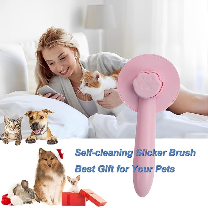Cat Brush for Shedding,Pet Grooming Self Cleaning Slicker Brush,Removes Mats,Tangles and Loose Hair,Shedding Brush for Short or Long Haired Cats Dogs (Pink)