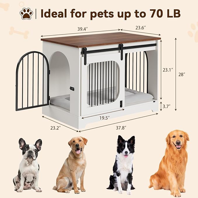 Dog Crate Furniture, 39.4" Dog Kennel for Dogs Up to 70 Lb, with Bed Mat, Heavy-Duty Dog Cage End Table, Three Doors Dog House, White/Brown