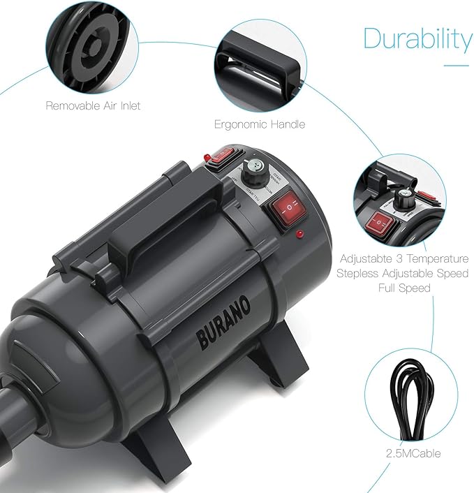 Dog Dryer, High Velocity Pet Hair Dryer, 4.3HP Stepless Adjustable Speed Dog Hair Force Dryer, Powerful Pet Blower with Heater