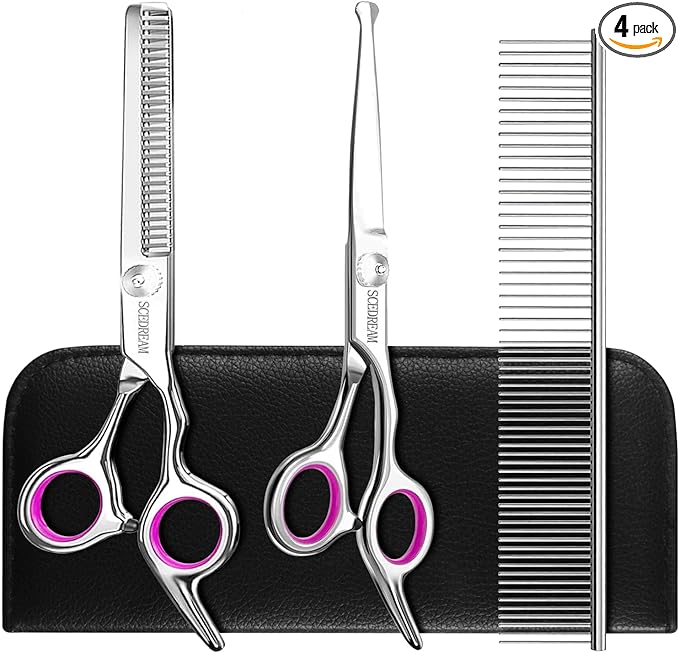 Dog Grooming Scissors - 3 in 1 Pet Grooming Shears Set, Curved Tips, Pink
