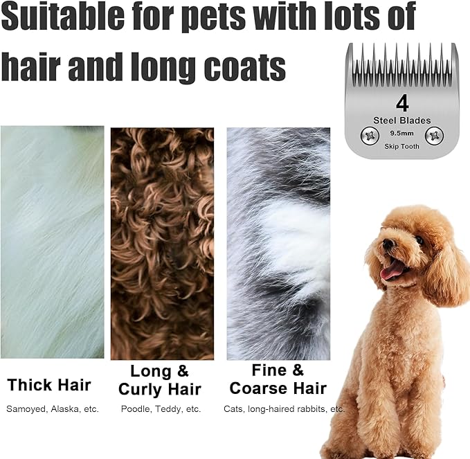 4 Skip Tooth Detachable Pet Dog Grooming Steel Blades,Compatible with Andis,Oster A5,Wahl KM10 Series Clippers,Cut Length 3/8-Inch (9.5mm)，1 Pack