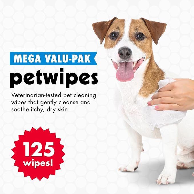 Petkin Mega Valu-Pak Pet Wipes, 125 Wipes - Pet Wipes for Dogs & Cats - for Face, Paws, Ears, Body & Eye Area - Super Convenient Dog Cleaning Wipes
