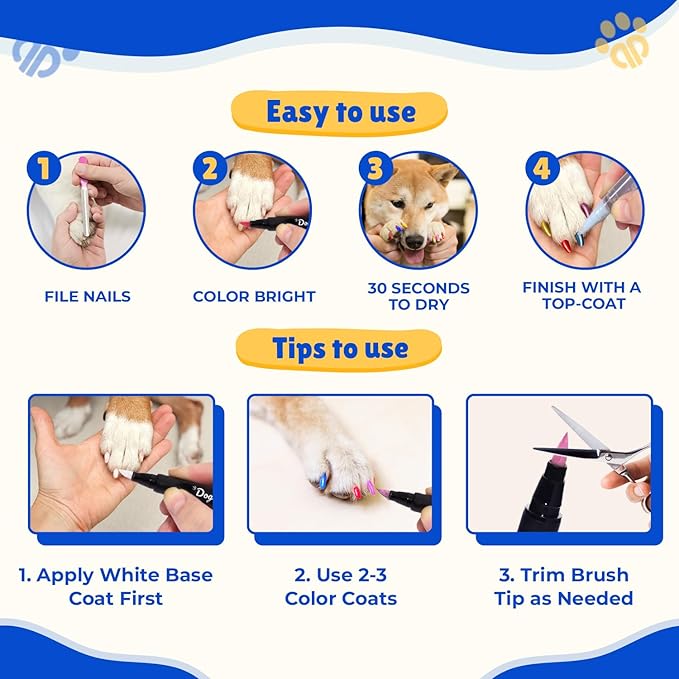 Dog Nail Polish Pens Quick-Dry Set – 8 Metallic & Matte Colors Pawlish Pens, 1 Nail File with 1 Top Coat Pen – Non-Toxic, Easy to Apply, Pet-Safe Accessories for Small & Large Puppies & Cats