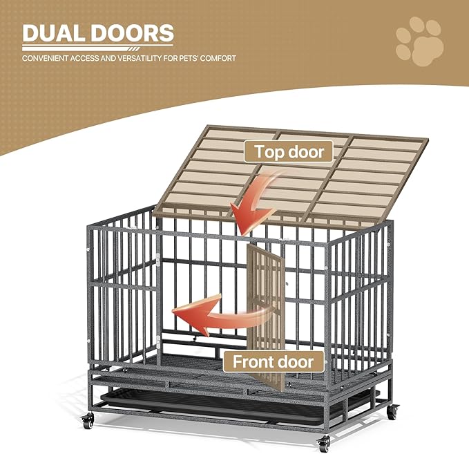 MoNiBloom Heavy Duty Dog Indestructible Crate with Lockable Wheels, Escape Proof Dog Kennel with Double-Door, Chew-Proof Pet Cage Indoor for Medium Dogs
