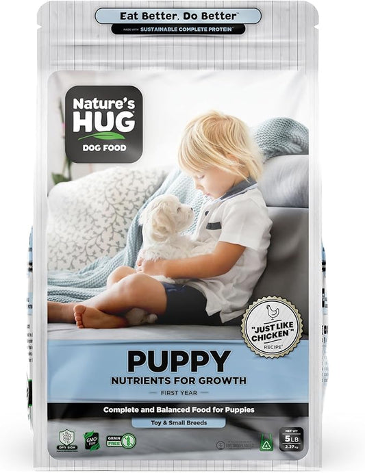 Nature's HUG Vegan Dry Dog Food for Puppies & Small Breeds, 5 lb. Bag, Chicken Flavor Plant-Based Protein Vegetarian Kibble, Grain-Free, Allergen-Free, Complete Protein & Balanced Nutrition