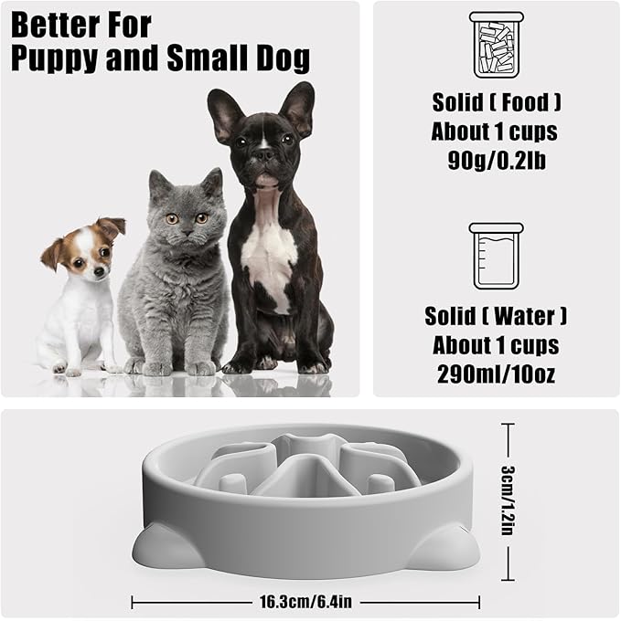 Slow Feeder Dog Bowls Small Breed, Dog Food Bowl Small Anti-Choking Bloat Stop Puzzle Healthy Eating Bowl (Gray, 1 Cup)