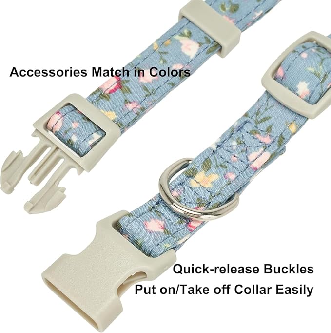 Cotton Dog Collar Soft Lightweight with Hand-Tied Knot Bow for Medium Dogs.(M, Blue Floral)