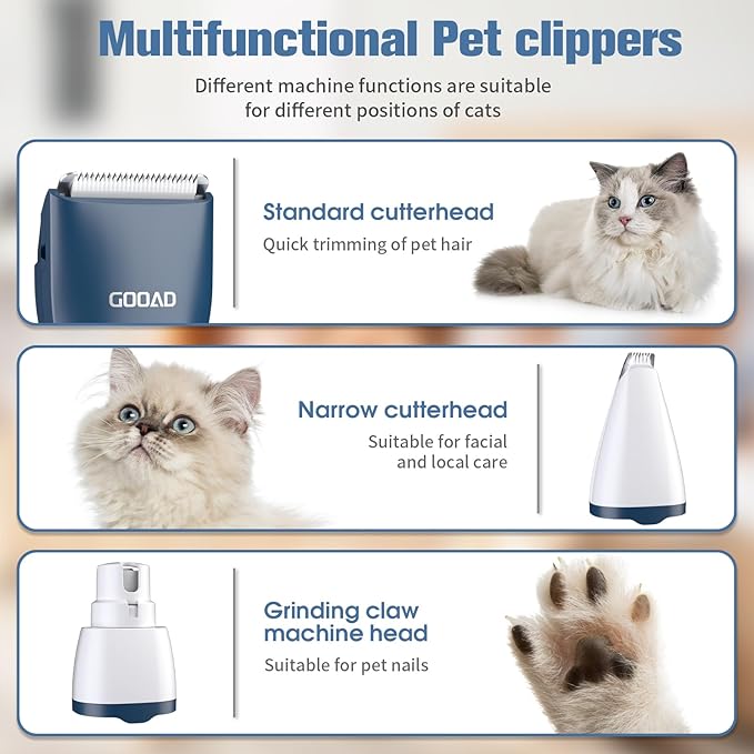 Goood Cat Clippers for Matted & Long Hair - Quiet, Cordless Grooming Kit with Paw Trimmer & Nail Grinder for Cats & Small Pets (Blue)