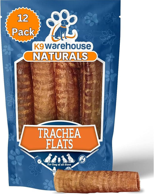 K9warehouse® - 6 Inch Beef Trachea Dog Chews - 12 Count Trachea Flats for Dogs - Packed in USA - Trachea Dog Treats - All Natural Grass-Fed Beef Dog Chews - Rich in Glucosamine Chondroitin