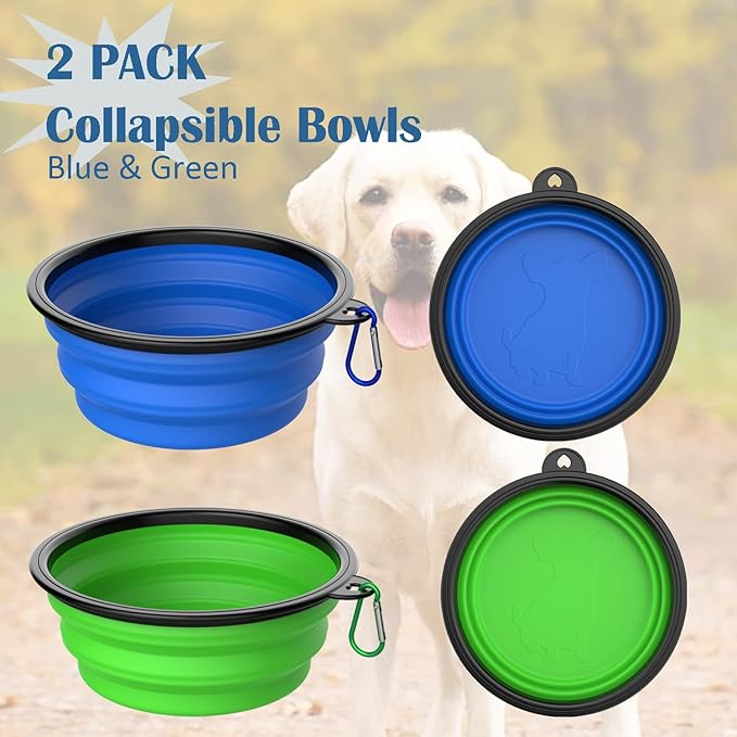 Takfox Collapsible Dog Bowls [2 Pack] 20 oz, Travel Dog Bowls, Pet Bowl Portable Foldable Water Food Feeding Dishes with Carabiner Clip for Traveling Hiking Walking-Green & Blue