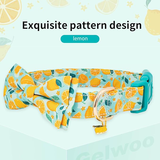 Fashionable Dog Collar with Bow Tie for Small Medium Large Dogs,Cute and Soft Puppy Collar for Male Female Dogs,Yellow Durable Cotton Dog Collar with Adjustable Buckle Lemon Pattern (L, Yellow Lemon)