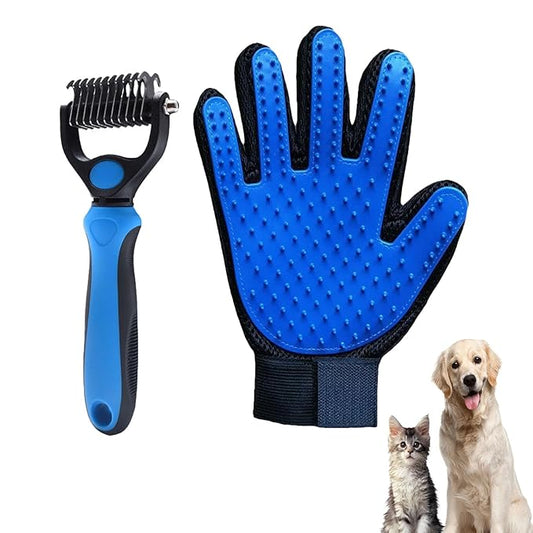 Blue Pet Grooming Glove for Right Hand and Deshedding Undercoat Rake Combo,Gentle Scrub Dematting Fur for Cats Dogs,Efficient Pet Hair Remover