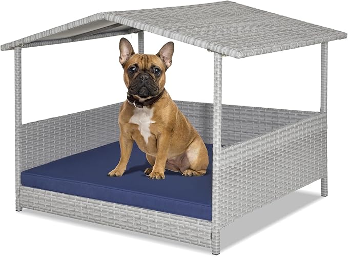 Giantex Wicker Dog House, Raised Rattan Dog Bed with Waterproof Roof, Washable Cushion Cover, Steel Frame, Indoor Outdoor Elevated Dog Bed Pet House for Small Medium Dogs Cats, Easy Assembly