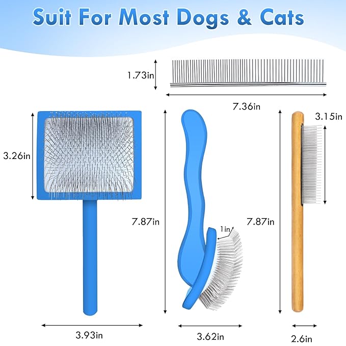 Blue Slicker Brush for Medium to Large Pets - Long Pin Grooming Tool Removes Loose Hair, Tangles and Knots, Includes Free Pet Comb