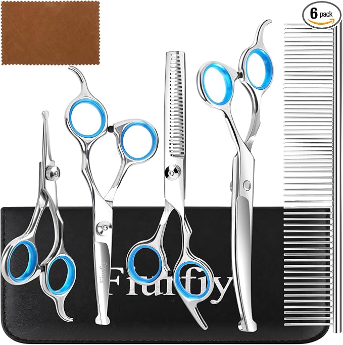 6-in-1 Dog Grooming Scissors - Professional Stainless Steel Hair Cutting Kit with Safety Rounded Tips, Ergonomic Soft-Grip Handles for Small & Large Dogs, Cats