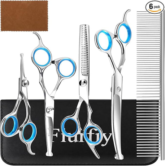 6-in-1 Dog Grooming Scissors - Professional Stainless Steel Hair Cutting Kit with Safety Rounded Tips, Ergonomic Soft-Grip Handles for Small & Large Dogs, Cats