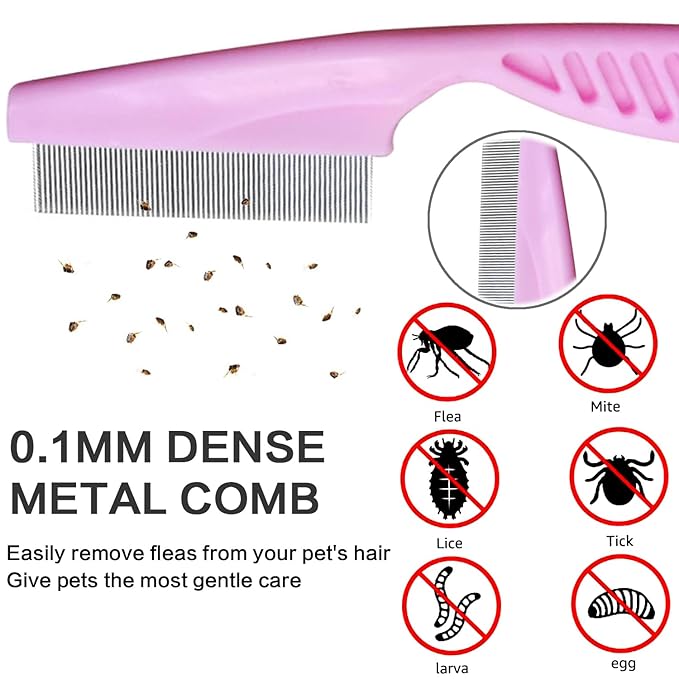 4Pack Pet Grooming Brush Kit, Aoche Dog Bath Brush Flea Comb for Dogs Pet Shampoo Brush Soothing Massage Rubber Comb Flea Lice Comb Cat Tear Stain Comb Dog Brush for Shedding, Pink+Yellow