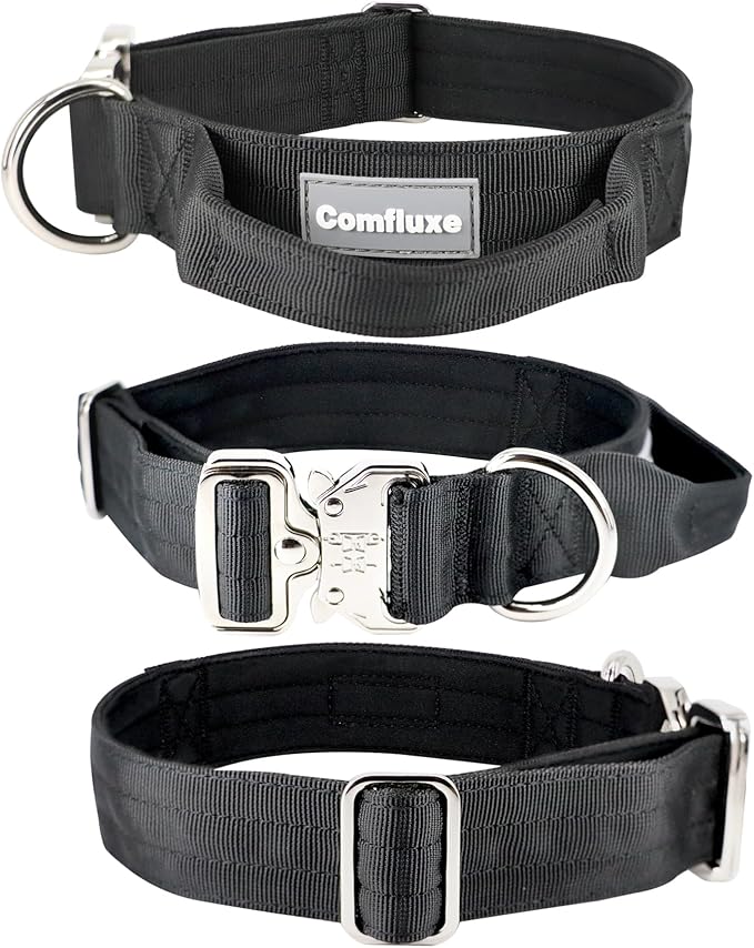 Tactical Military Dog Collar, Strong Heavy Duty Dog Collar, Wide Thick Dog Collar with Handle, Soft Neoprene Padded Collar with Quick Release Metal Buckle for Medium Large Dogs (Black, M)