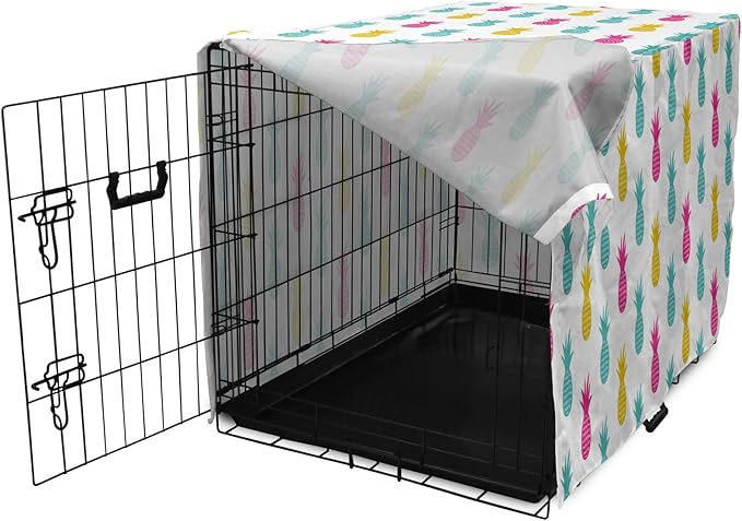Lunarable Yellow Pineapple Dog Crate Cover, Rhythmic Ananas Fruits in Colorful Design Summer Tropical Concept, Easy to Use Pet Kennel Cover for Cats & Medium Dogs, 24 Inch, Turquoise Hot Pink