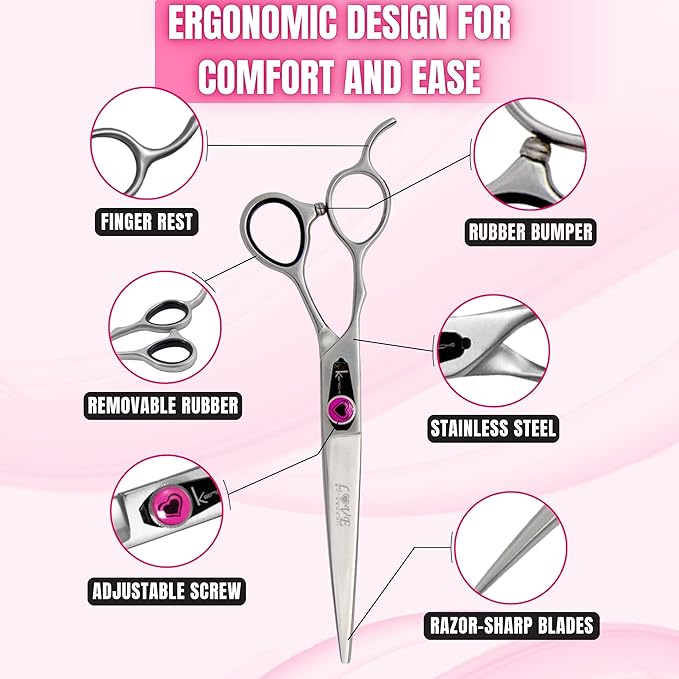 Kenchii Left Handed Dog Grooming Scissors | 7 Inch Shears | Straight Scissors for Dog Grooming | Love Collection Dog Shears | Pet Grooming Accessories | Pet Hair Trimming Scissor